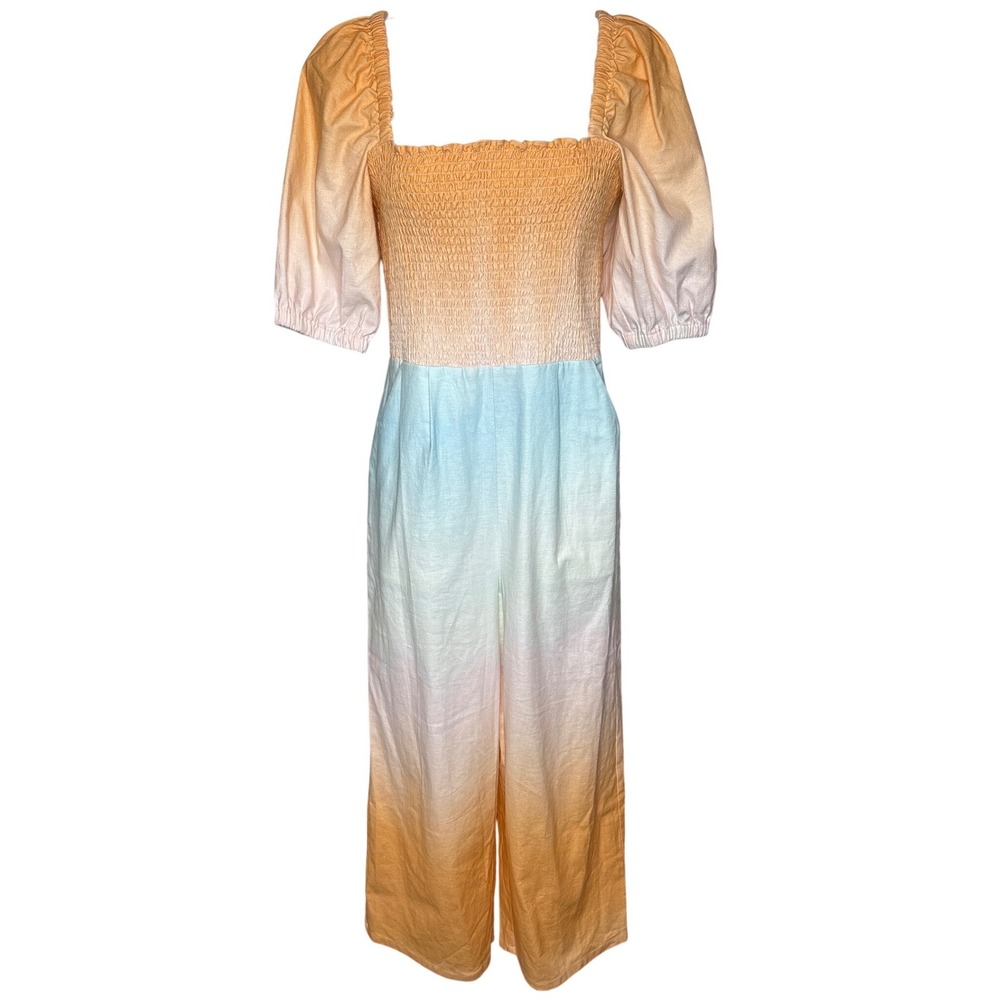 Something Navy Orange Blue Ombre Smocked Linen Jumpsuit S Puff Sleeve‎ Whimsical